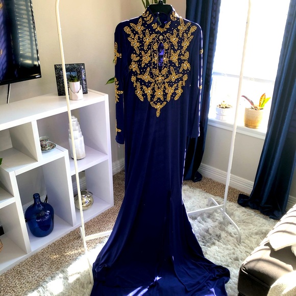 A-Line Off-Shoulder Beaded Embroidery Gown Royal Blue